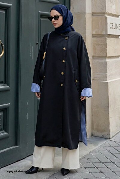 InStyle Black Trench Coat with High Collar Lining