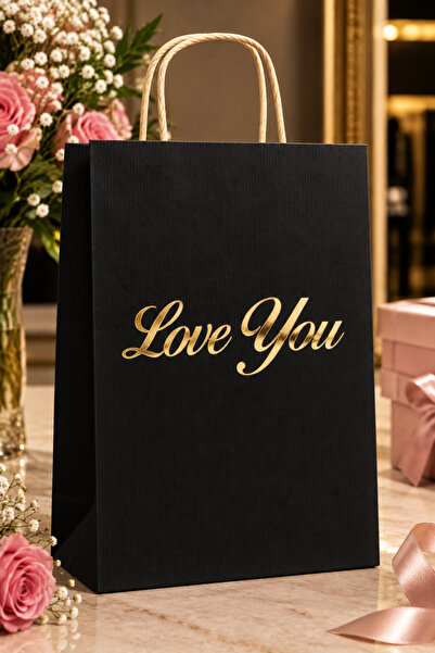 '' Love You '' - Varak Yaldız baskılı Kraft Kağıt Çanta -Siyah Renk - 25 Adet