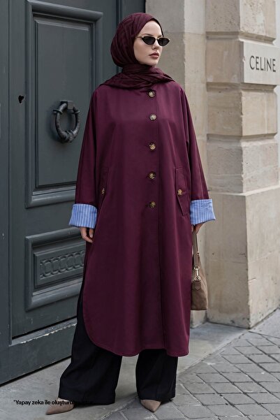 InStyle High Collar Lined Plum Trench Coat