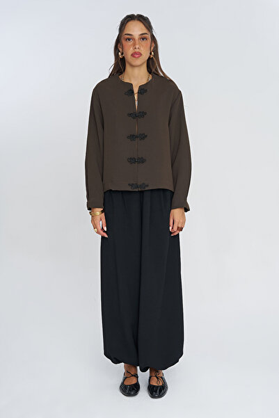 Orfeo Negro Women's Judge Collar Chinese Button Solid Color Blouse - Shirt