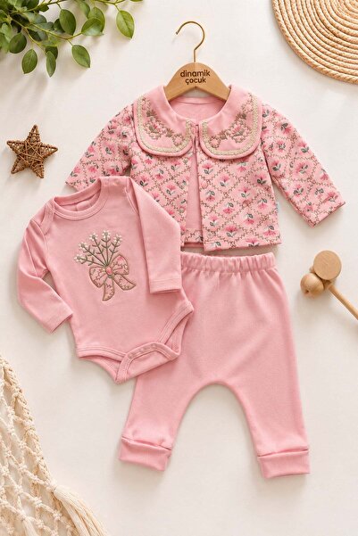 dinamik çocuk Baby Girl Floral Embroidered Wide Collar Jacket with Snap Faste...