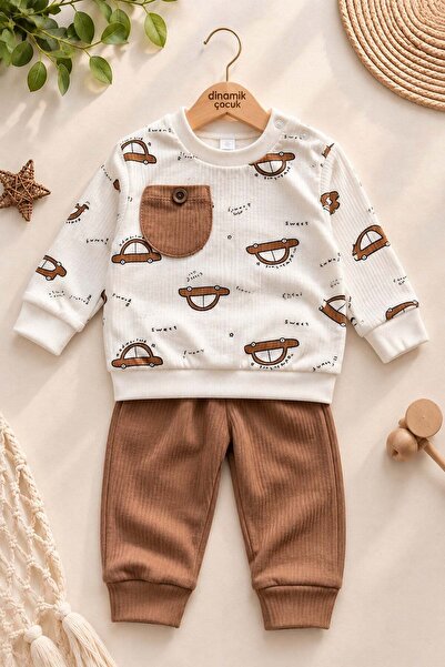 dinamik çocuk Baby Boy Car Patterned Long Sleeve Top and Bottom Set with Pock...