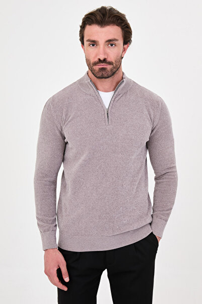 Mcr Plain Slim Fit Stand Collar Zippered Chenille Men's Knitwear Sweater Gray...