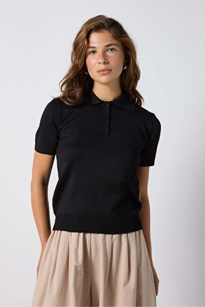 mina aise Schwarzer Kurzarm-Pullover mit Polokragen und Knöpfen für Damen5273
