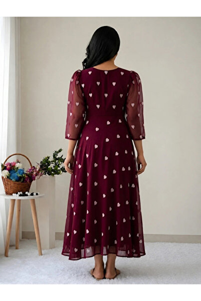 MYSMAR Maroon Georgette Embroidered Long Dress - FFT8662 | Maroon-Size:2XL-44-Inches