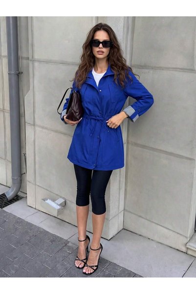ladyzey Women's Saks Blue Trench Coat with Drawstring Waist, Side Pockets, Foldable Sleeves and Lining