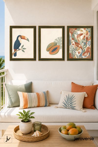 Jeraverse Tukan ve Papaya Tropik Bahçe 3'lü Çerçeveli Balkon Tablo Seti