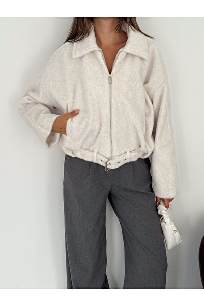Bella Breeze Kadın Peluş Bomber Oversize Fermuarlı Kemer Detaylı Kısa Mevsiml...
