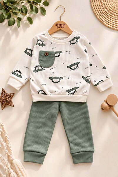 dinamik çocuk Baby Boy Car Patterned Long Sleeve Top and Bottom Set with Pock...