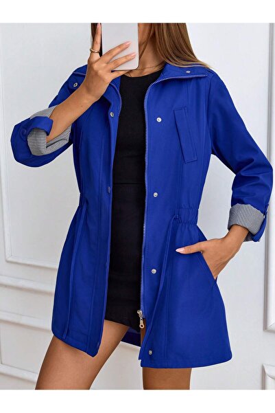 ladyzey Women's Saks Blue Trench Coat with Drawstring Waist, Side Pockets, Fo...