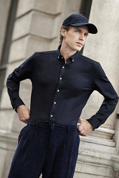 Mcr Straight Slim Fit Stand Collar Lumberjack Long Sleeve Men's Shirt Navy Bl...