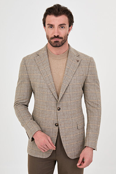 Mcr Plaid Slim Fit Mono Collar Premium Wool Blend Men's Jacket Beige - 44325.26K