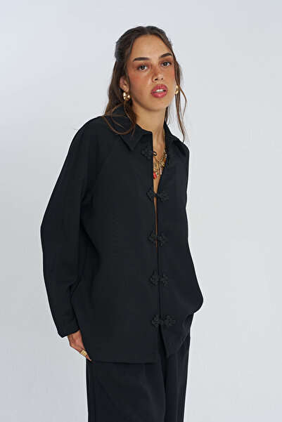 Orfeo Negro Women's Chinese Button Detailed Solid Color Loose Shirt