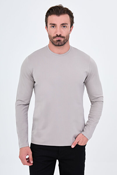 Mcr Plain Slim Fit High Crew Neck Cotton Long Sleeve Men's T-Shirt Stone - 36...