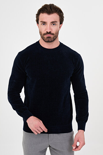 Mcr Plain Slim Fit Crew Neck Chenille Men's Knitwear Sweater Navy Blue - 1160...