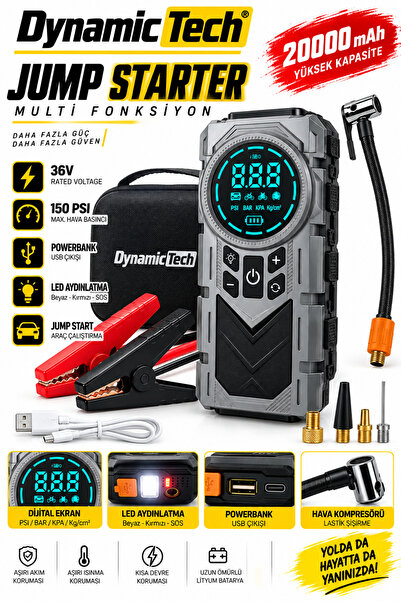 DynamicTech Jump Starter 20000mAh 36 V 150 PSI Akü Takviye Cihazı Hava Kompresörü
