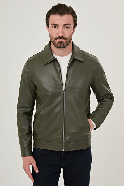 Mcr Straight Slim Fit Shirt Collar Zippered Faux Leather Men's Coat Khaki - 3...