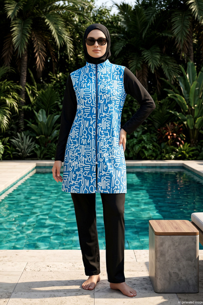 REMSA Parachute Patterned Full Covered Hijab Swimsuit 03 Blue