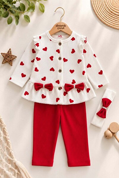 dinamik çocuk Girl baby bandana heart patterned bow detailed top and bottom 2...