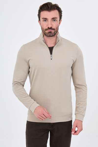 Mcr Textured Slim Fit Stand Collar Zippered Long Sleeve Men's T-Shirt Beige -...