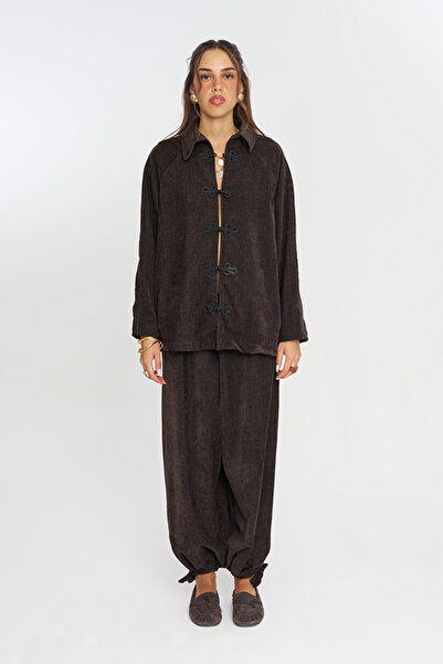 Orfeo Negro Women's Chinese Buttoned Velvet Solid Color Shirt