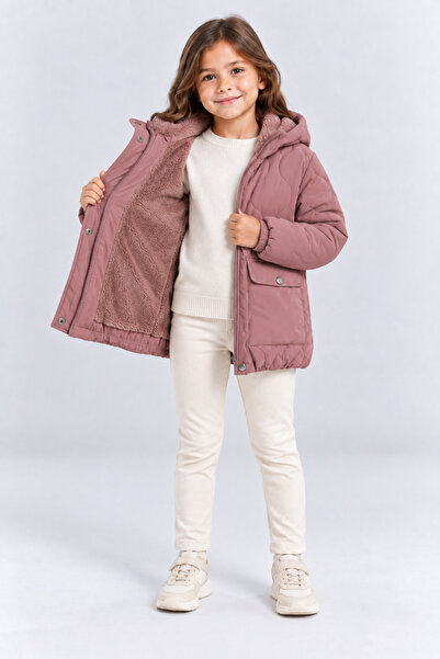 AHENGİM Girl's Hooded Soft Lined Winter Coat with Pockets Khaki Powder Black ...