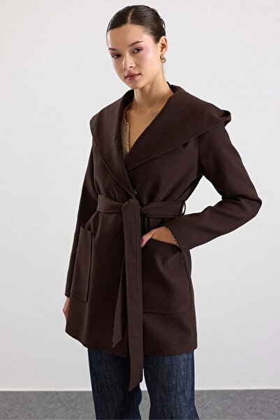 Olcay Torba Pocketed Hooded Short Coat Brown 3185