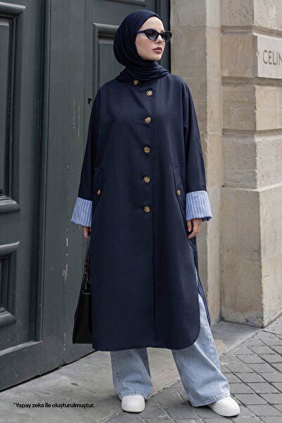 InStyle High Collar Lined Navy Blue Trench Coat