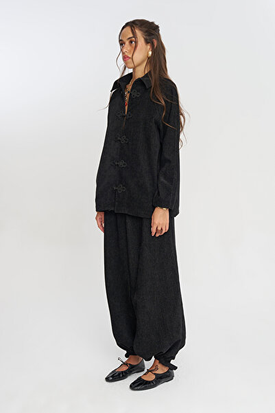 Orfeo Negro Women's Chinese Buttoned Velvet Solid Color Shirt