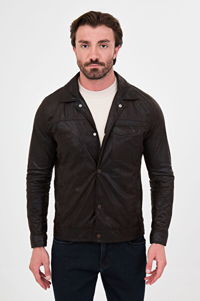 Mcr Textured Slim Fit Shirt Collar Snap Fastener Faux Leather Men's Coat Dark...