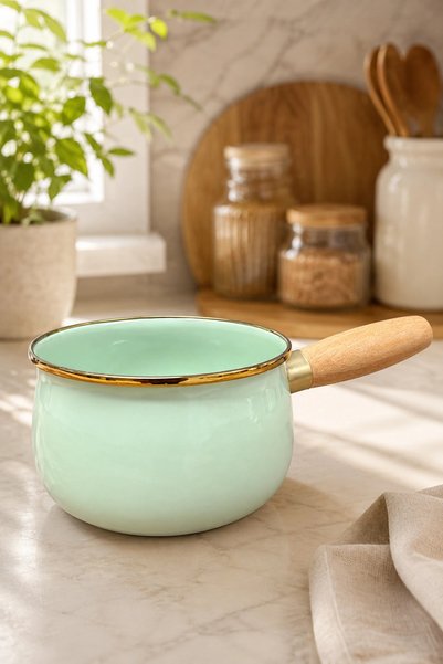 PR HOME Yeşil Emaye Ahşap Saplı Bombeli Haşlama ve Sos Tavası 14 cm