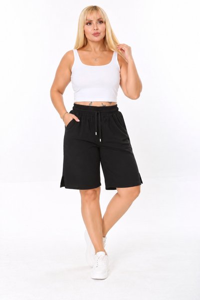 Butik Ayseba Women's Black Combed Cotton Elastic Plus Size Capri Shorts