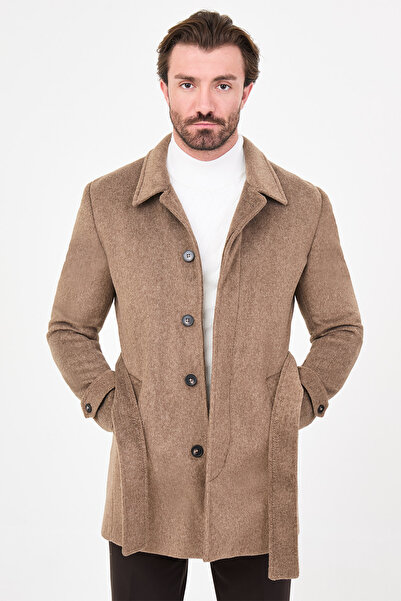 Mcr Düz Slim Fit Gömlek Yaka Kuşaklı Kaşe Erkek Kaban Kahve - 21288.23K
