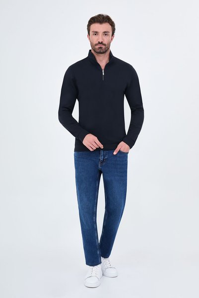 Mcr Textured Slim Fit Stand Collar Zippered Long Sleeve Men's T-Shirt Navy Blue - 36901.26K