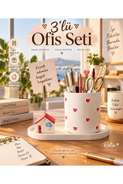 Rota Hediyelik 3'lü Ofis Seti Kalp Kalemlik Çicek Tabak Ev Not Tutucu Masaüst...