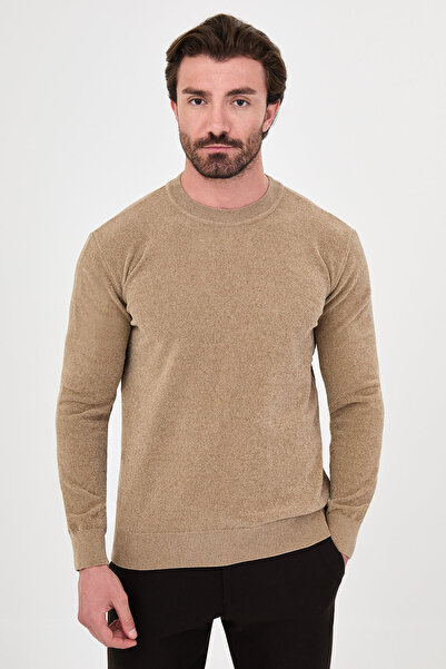 Mcr Plain Slim Fit Crew Neck Chenille Men's Knitwear Sweater Beige - 11604.26K