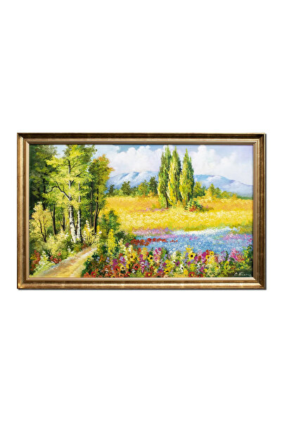 artnova Tablou inramat peisaj cu flori multicolore pictat manual, Colt de rai...