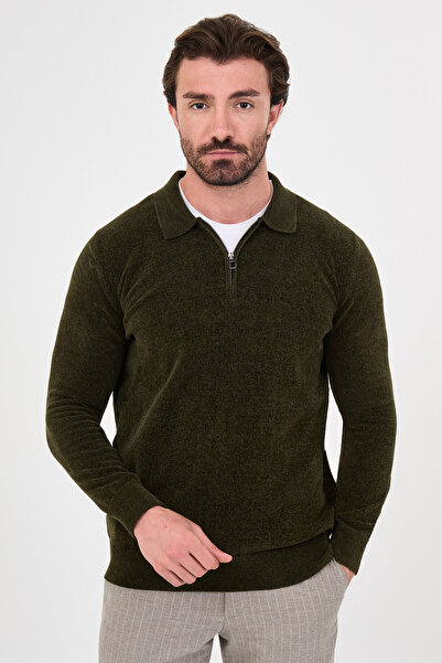 Mcr Plain Slim Fit Polo Collar Zippered Chenille Men's Knitwear Sweater Khaki...