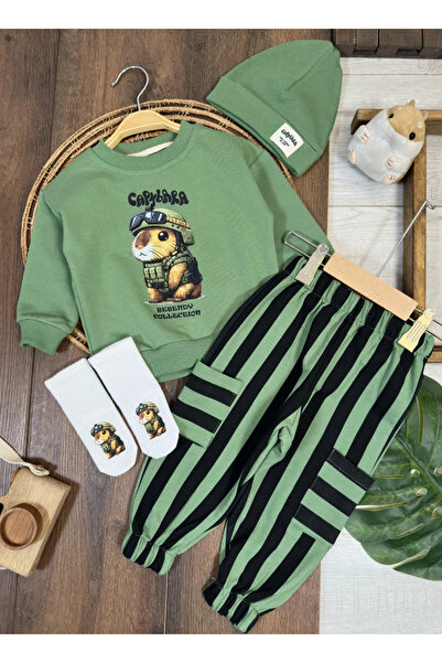 Bolly Baby Striped Trousers, Capybara Printed Sweatshirt, Socks, Beret, Seaso...