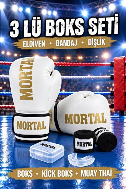 PLUSSPORT Mortal 3'lü Boks Seti Boks Eldiveni Boks Bandajı Dişlik Kick Boks E...
