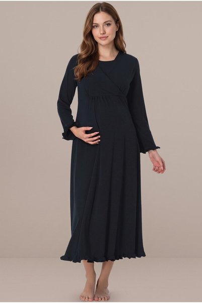 Pelin Women's Navy Blue Long Sleeve Double Breasted Collar Maternity Nightgow...