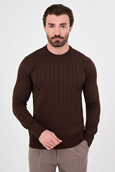 Mcr Ribbed Slim Fit Crew Neck Cotton Men's Knitwear Sweater Brown - 11621.26K