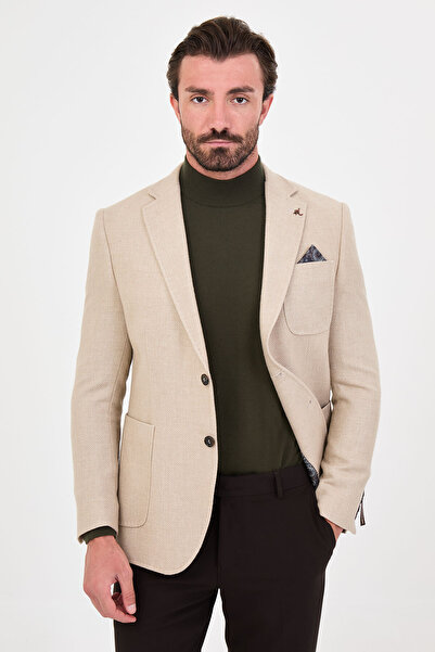 Mcr Dokulu Slim Fit Mono Yaka Torba Cep Premium Yün Karışımlı Erkek Ceket Bej...