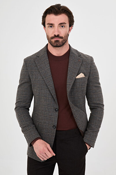 Mcr Plaid Slim Fit Mono Collar Premium Wool Blend Men's Jacket Anthracite - 4...