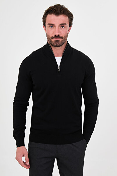 Mcr Plain Slim Fit Stand Collar Zippered Cotton Men's Knitwear Sweater Black ...