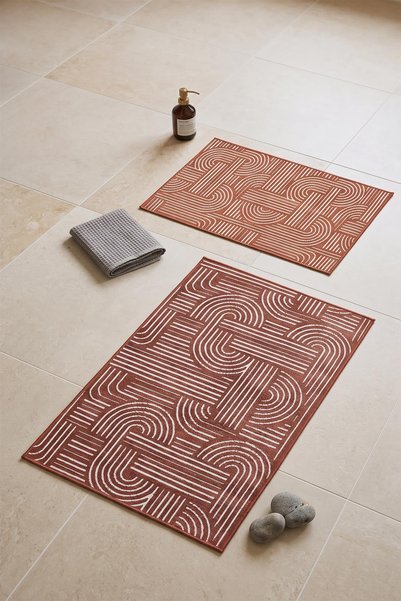 dekozer Revna Tile Washable 2-Piece Bathroom Mat Set (60X100-50X60 cm) | Non-Slip Base Modern Bath Mat