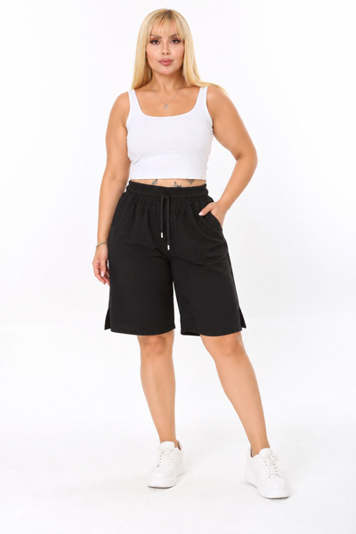 Butik Ayseba Women's Black Combed Cotton Elastic Plus Size Capri Shorts
