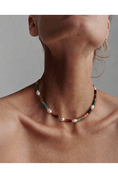 Noveria Studio Pearl Collection Gaia Doğal Taşlı İnci Detaylı Renkli Choker Kolye