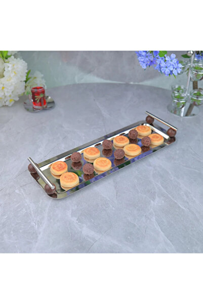 Al Hadaya Mall Rectangular Stainless Steel and Wood Serving Tray with Contemp...