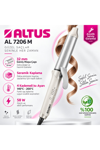 Altus Lady Gray 32 mm Seramik Kaplama Saç Maşası – 4 Kademeli 140–200°C Sıcak...